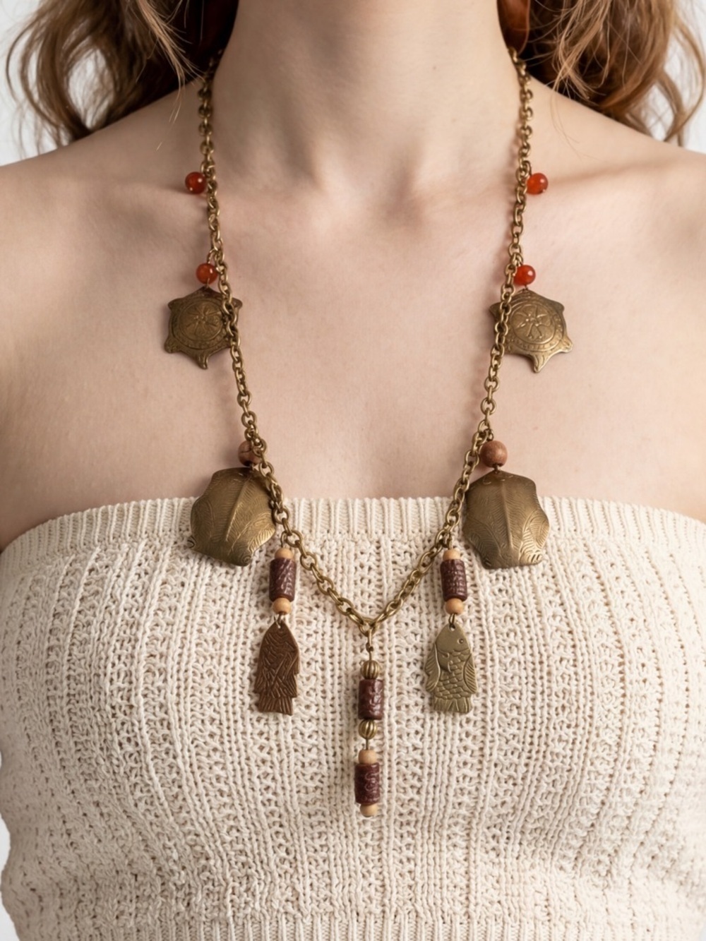 Vintage Boho Brass Pendant Necklace Coral wood Beads cottagecore festival
